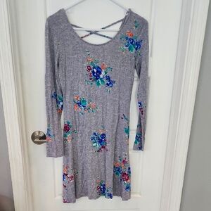 Gray Fit and Flare Dress with Bell Sleeves and Scoop Neck